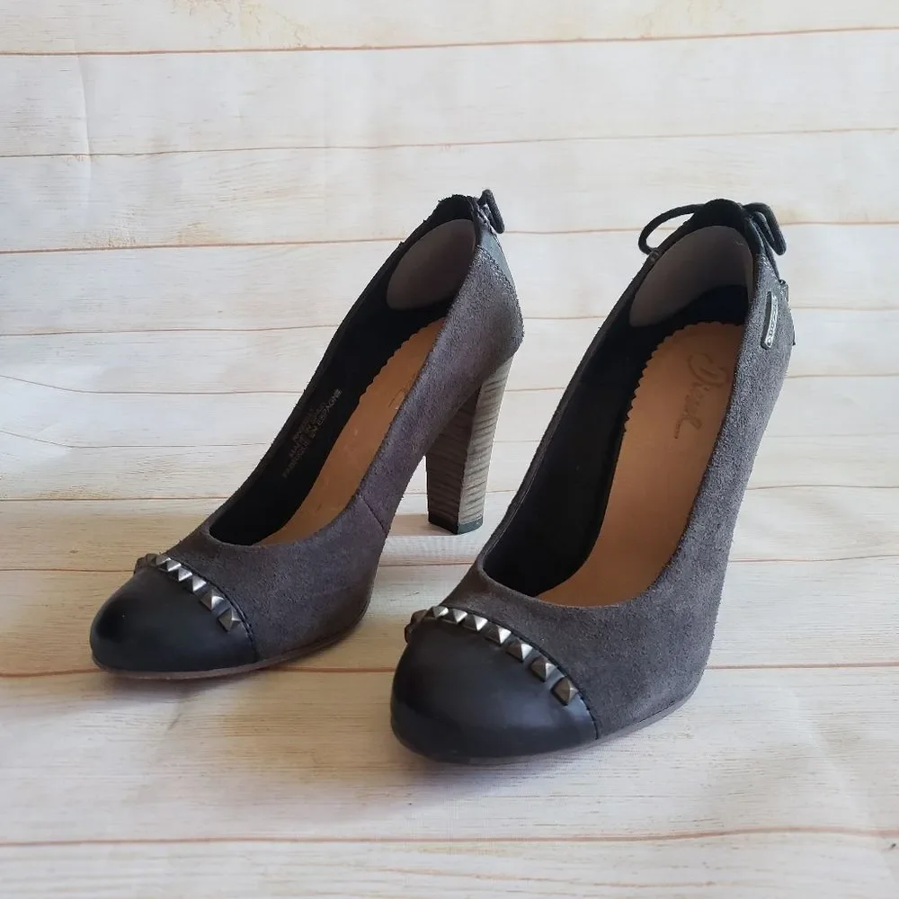 Diesel Leather Suede Round Toe Studded Tassel Heel Pumps Shoes Brown Size 39